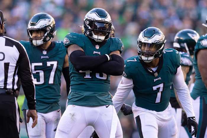 Jan 1, 2023; Philadelphia, Pennsylvania, USA; Philadelphia Eagles linebacker Kyzir White (43) celebrates with linebacker Haason Reddick (7) after a defensive stop against the New Orleans Saints during the fourth quarter at Lincoln Financial Field.